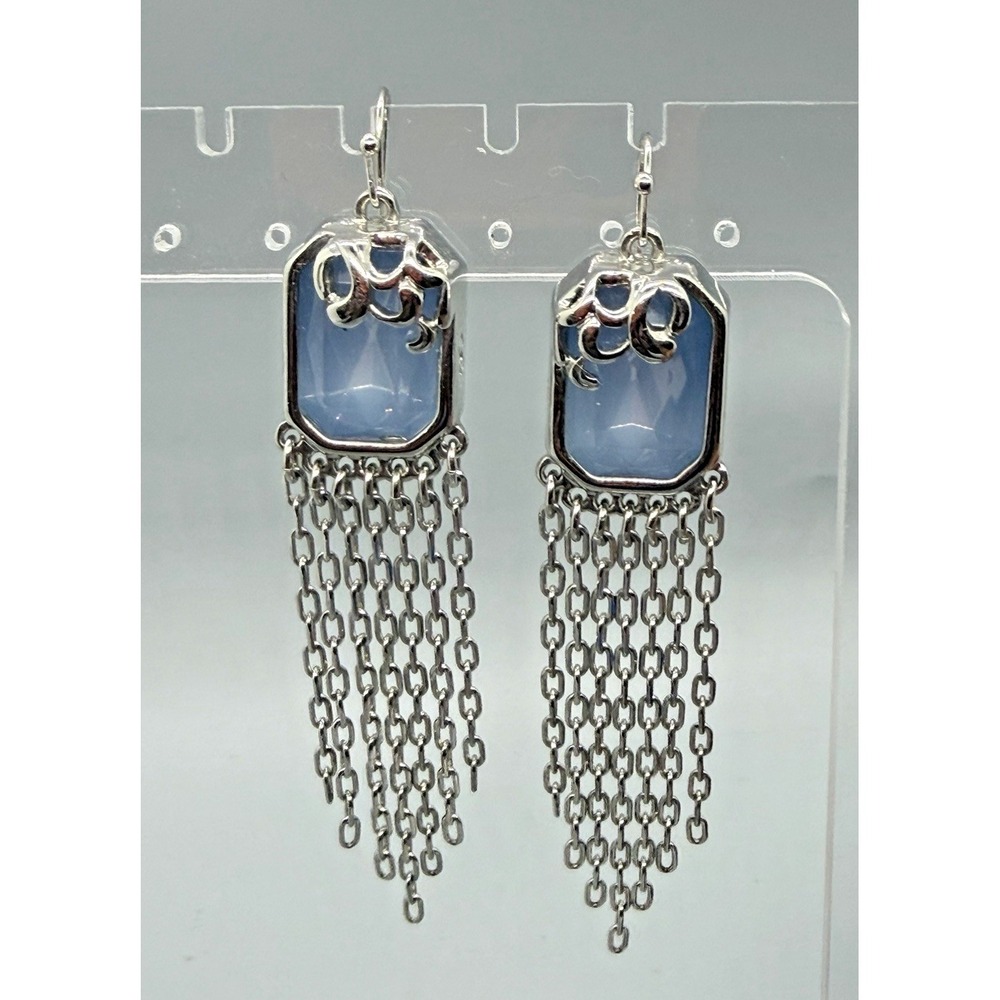 Opaque‎ Faceted Blue Glass Dang Chandelier Earrings Fringe Silver Tone Signed 3"